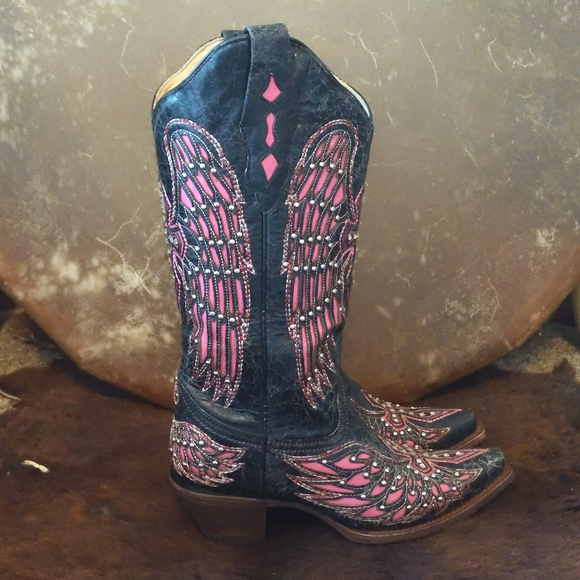CORRAL A1049 pink/black Wing & cross snip toe blingy cowgirl western boots sz 6 - Picture 7 of 16